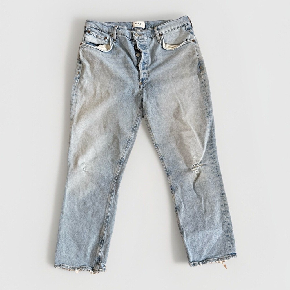AGOLDE Denim Riley High Rise Straight Crop 31 Button Fly Light Jeans Distressed